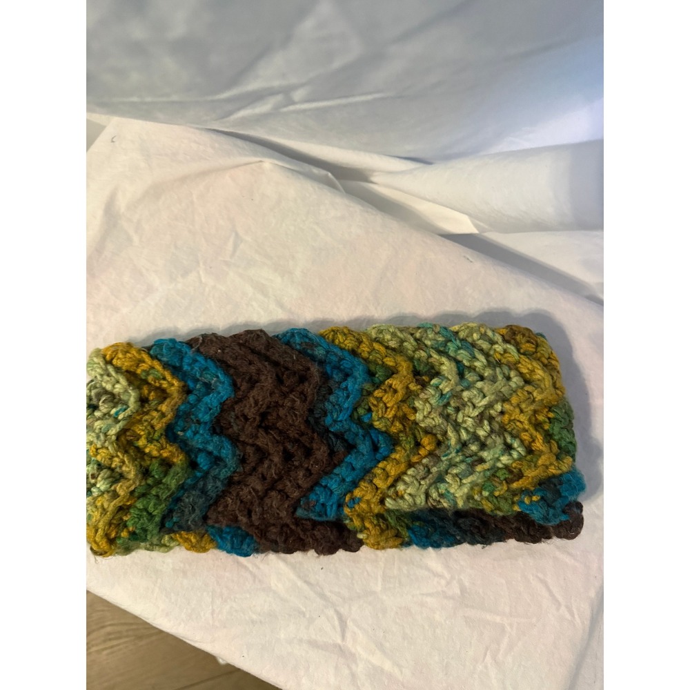 Handmade Crochet Chevron Ear Warmer Headband Brown Green Teal Boho Winter Knit